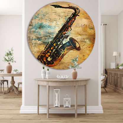 Abstracte Saxofoon op Muziekpapier aluminium muurcirkel