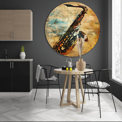 Abstracte Saxofoon op Muziekpapier aluminium muurcirkel