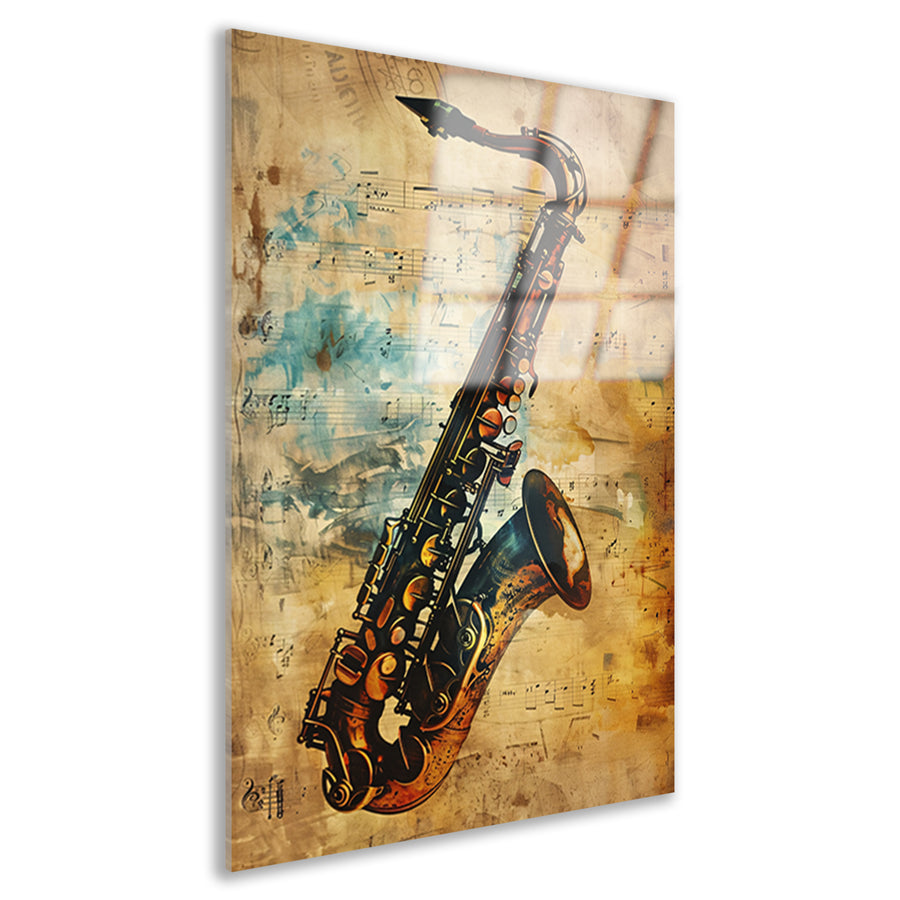 Abstracte Saxofoon op Muziekpapier acrylglas