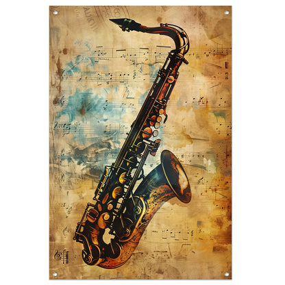 Abstracte Saxofoon op Muziekpapier tuinposter