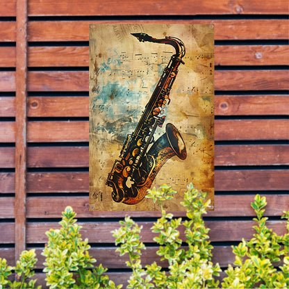 Abstracte Saxofoon op Muziekpapier tuinposter