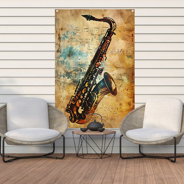 Abstracte Saxofoon op Muziekpapier tuinposter