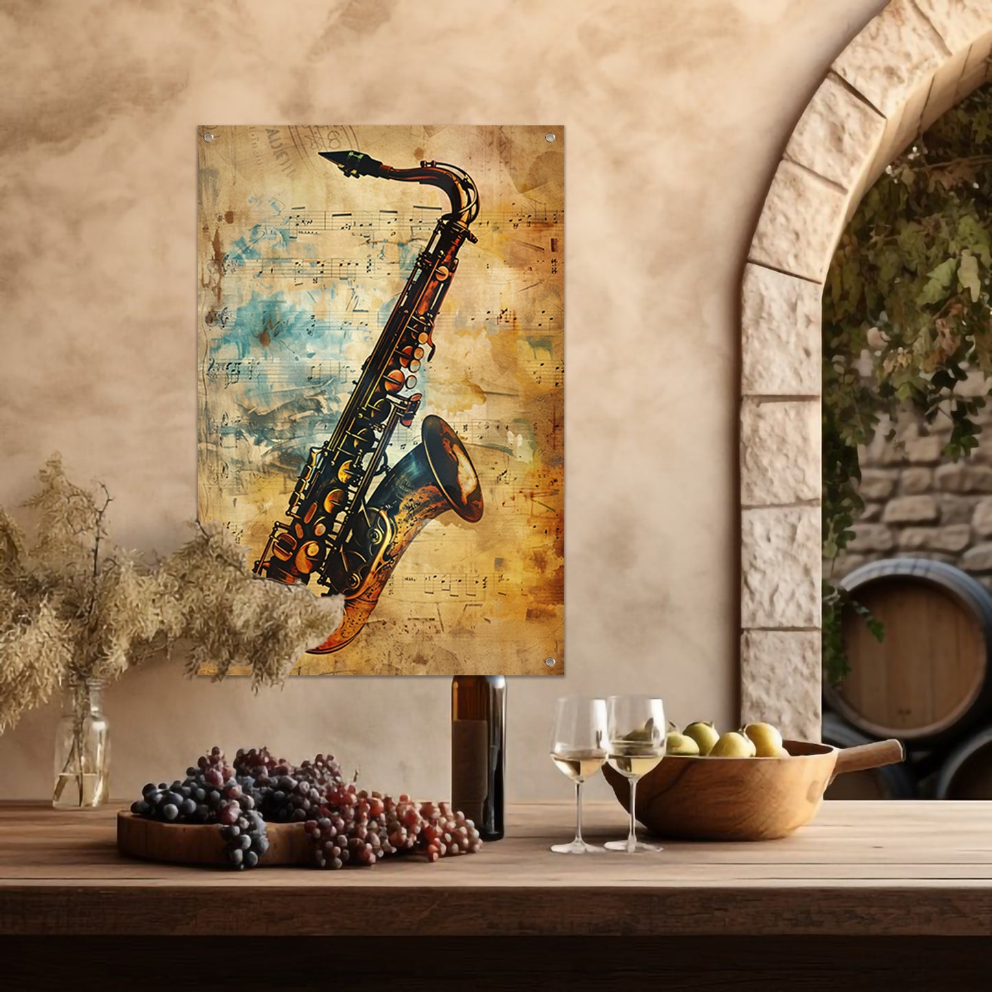 Abstracte Saxofoon op Muziekpapier tuinposter