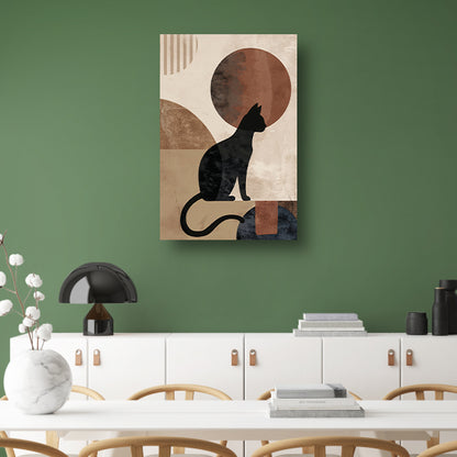 Minimalistische zwarte kat tegen een abstracte achtergrond poster