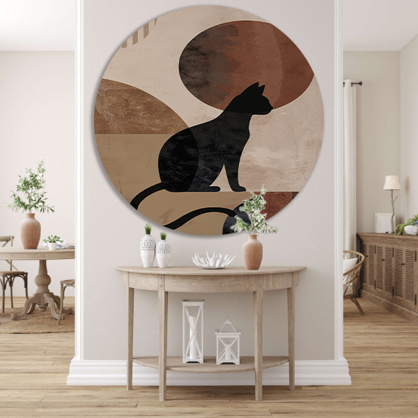 Minimalistische zwarte kat tegen een abstracte achtergrond aluminium muurcirkel