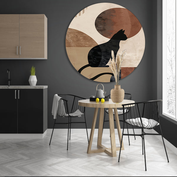 Minimalistische zwarte kat tegen een abstracte achtergrond aluminium muurcirkel