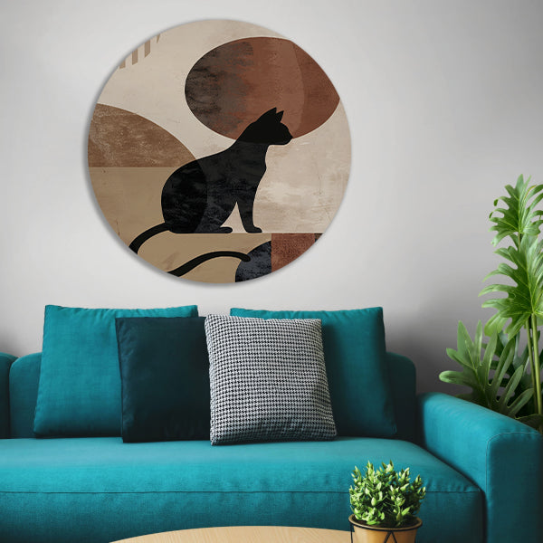 Minimalistische zwarte kat tegen een abstracte achtergrond aluminium muurcirkel