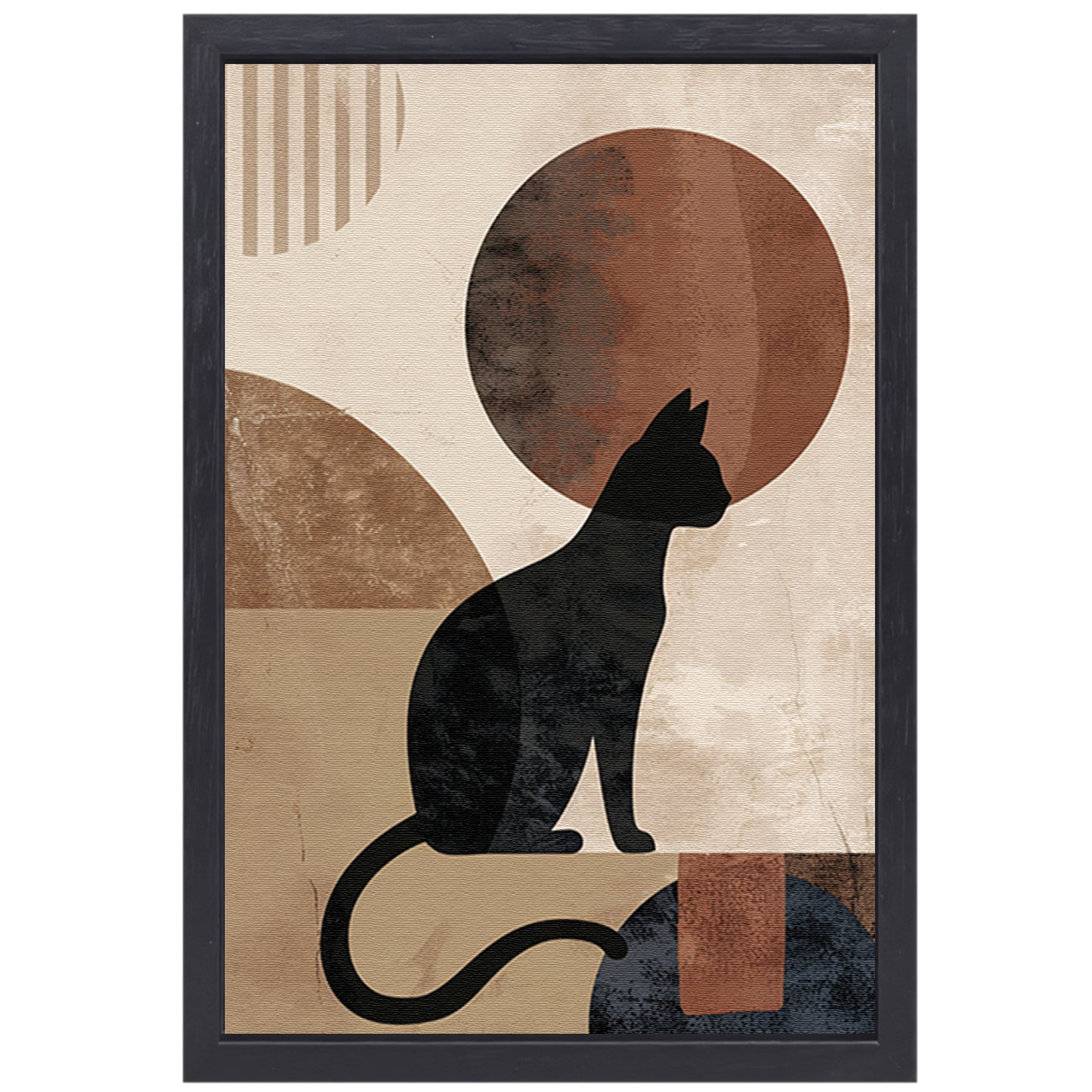 Minimalistische zwarte kat tegen een abstracte achtergrond canvas met baklijst