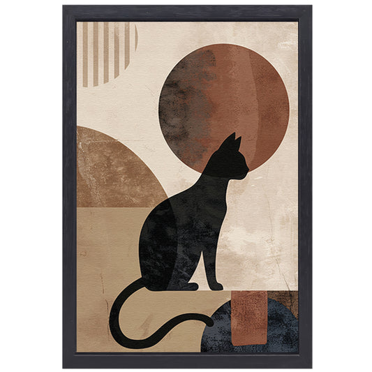 Minimalistische zwarte kat tegen een abstracte achtergrond canvas met baklijst