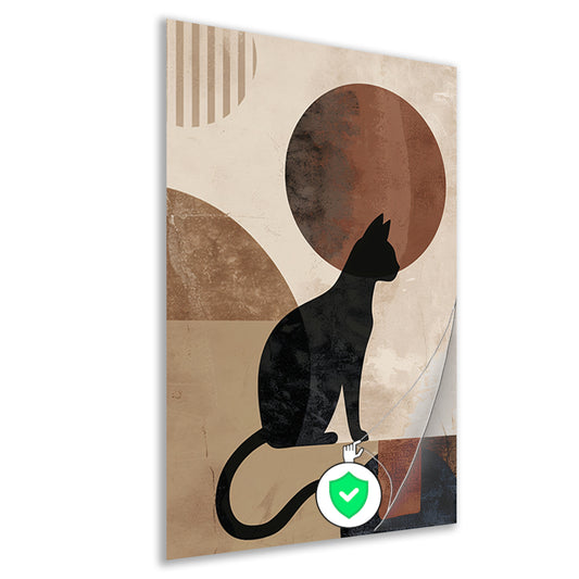 Minimalistische zwarte kat tegen een abstracte achtergrond poster