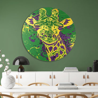 Moderne kleurrijke psychedelische giraffe schilderij aluminium muurcirkel