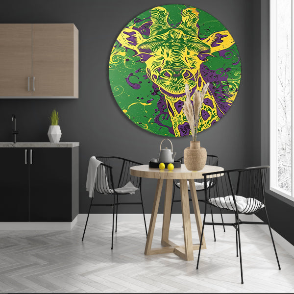 Moderne kleurrijke psychedelische giraffe schilderij aluminium muurcirkel