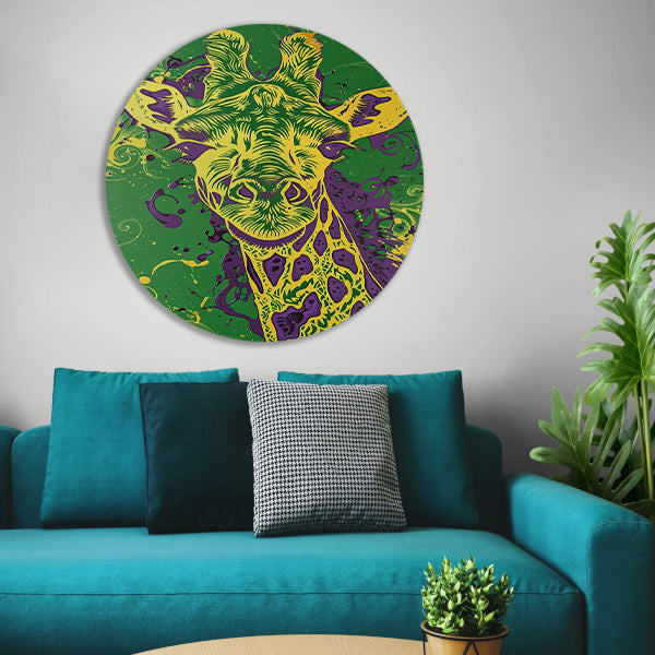 Moderne kleurrijke psychedelische giraffe schilderij aluminium muurcirkel