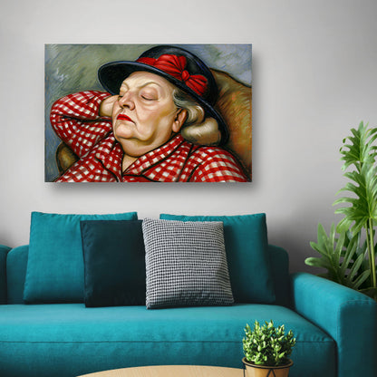 Slapende vrouw in rode geruite blouse canvas
