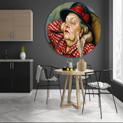 Slapende vrouw in rode geruite blouse aluminium muurcirkel