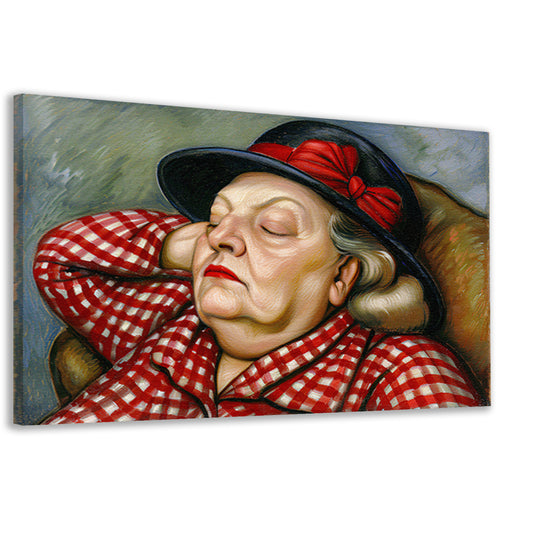 Slapende vrouw in rode geruite blouse canvas