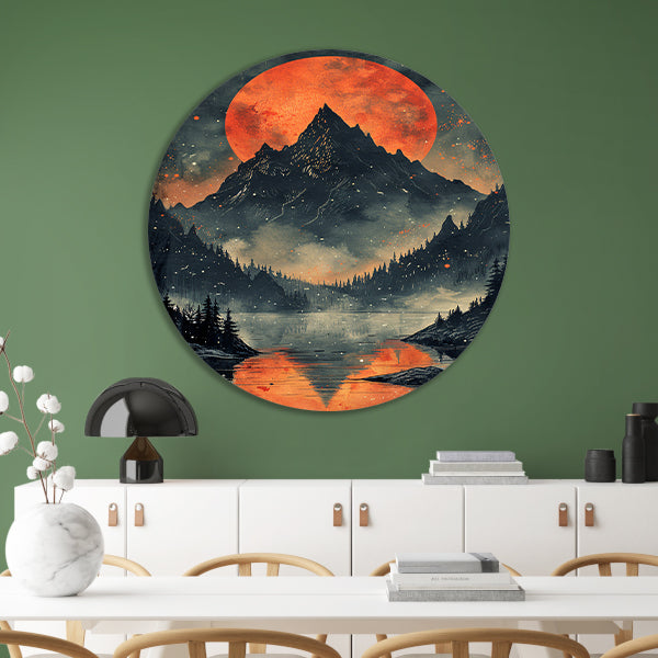 Rode Maan Berglandschap Reflectie forex muurcirkel