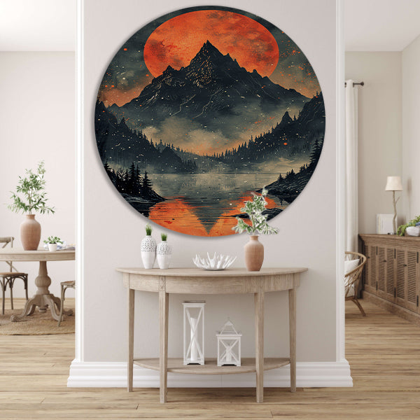 Rode Maan Berglandschap Reflectie forex muurcirkel