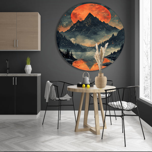 Rode Maan Berglandschap Reflectie forex muurcirkel