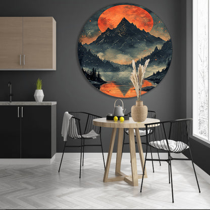 Rode Maan Berglandschap Reflectie forex muurcirkel