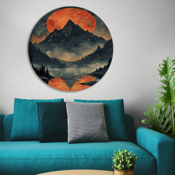 Rode Maan Berglandschap Reflectie forex muurcirkel