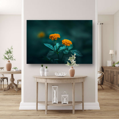 Twee oranje bloemen tegen groene achtergrond acrylglas