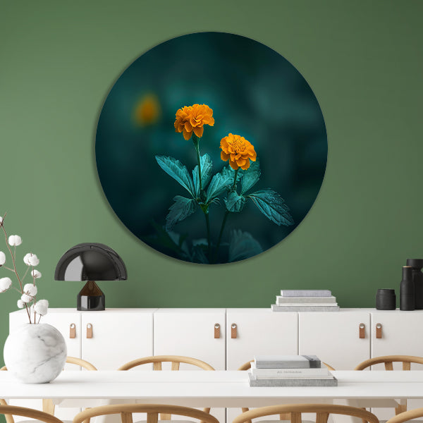 Twee oranje bloemen tegen groene achtergrond aluminium muurcirkel