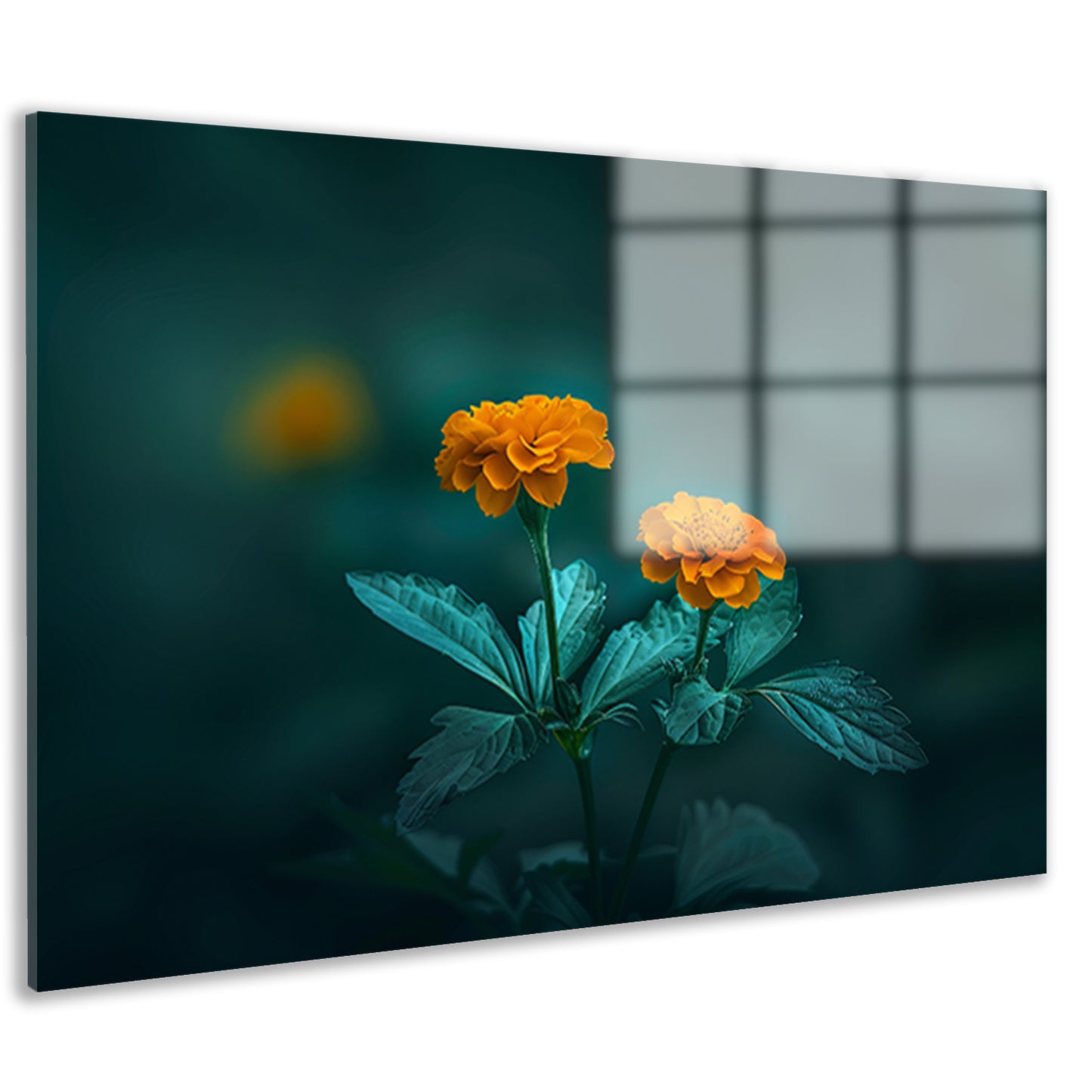 Twee oranje bloemen tegen groene achtergrond acrylglas