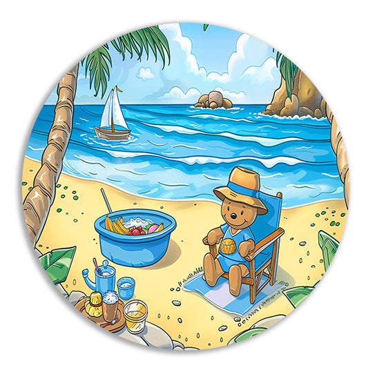 Tropische teddybeer op zomers strand aluminium muurcirkel