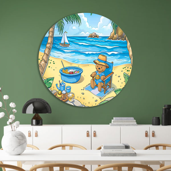 Tropische teddybeer op zomers strand aluminium muurcirkel