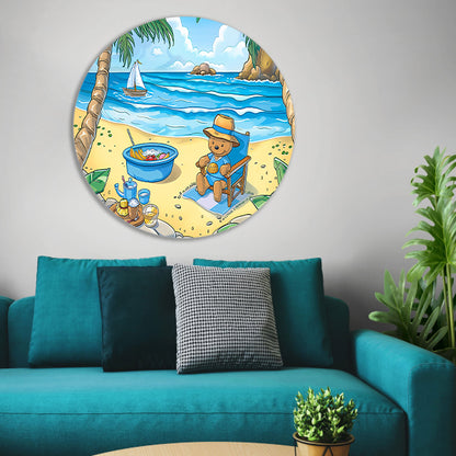 Tropische teddybeer op zomers strand aluminium muurcirkel