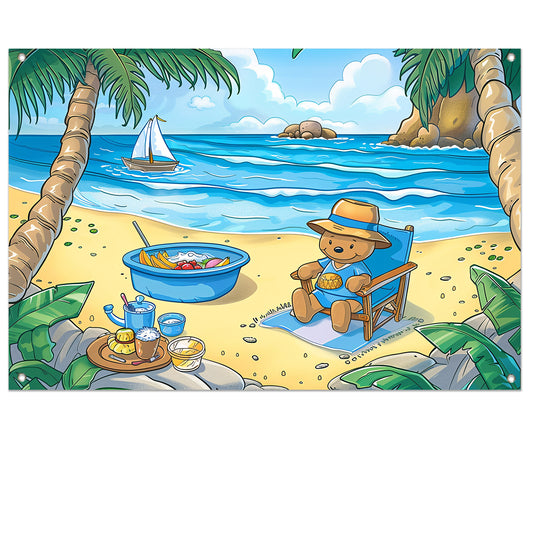 Tropische teddybeer op zomers strand tuinposter