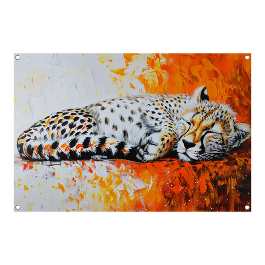 Slapende cheeta met kleurrijke oranje achtergrond tuinposter