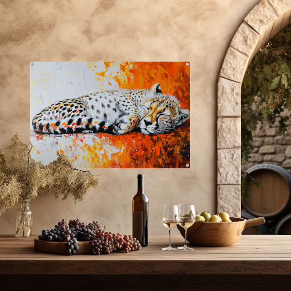 Slapende cheeta met kleurrijke oranje achtergrond tuinposter