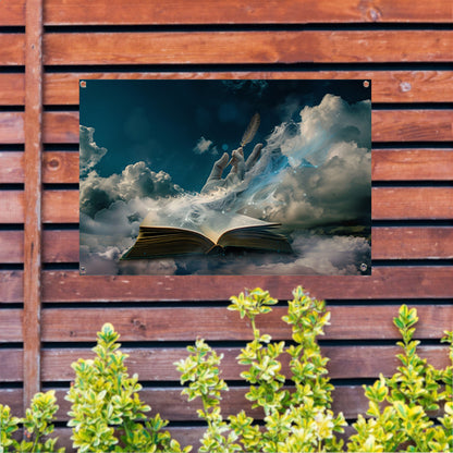 De Hand, het Boek, en de Wolken tuinposter