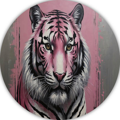 Moderne Roze en Zilver Tijger Schilderij aluminium muurcirkel