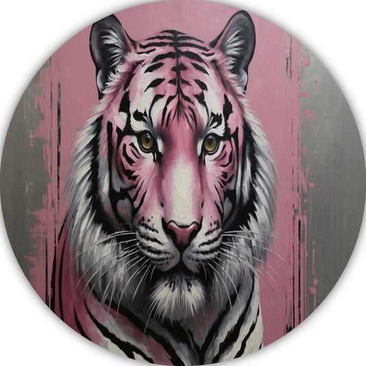 Moderne Roze en Zilver Tijger Schilderij aluminium muurcirkel