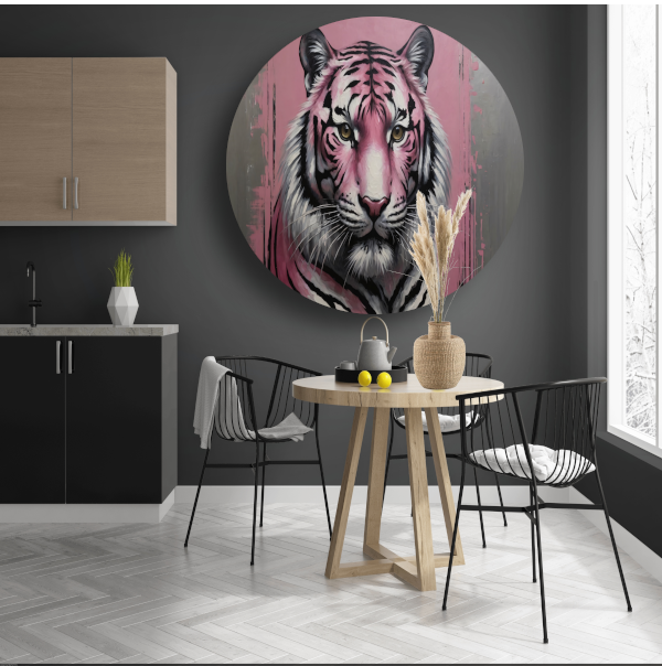Moderne Roze en Zilver Tijger Schilderij aluminium muurcirkel