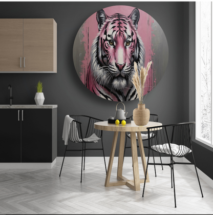 Moderne Roze en Zilver Tijger Schilderij aluminium muurcirkel