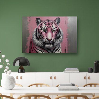 Moderne Roze en Zilver Tijger Schilderij canvas met baklijst