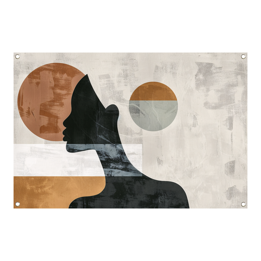 Silhouet van vrouw met minimalistische cirkels tuinposter