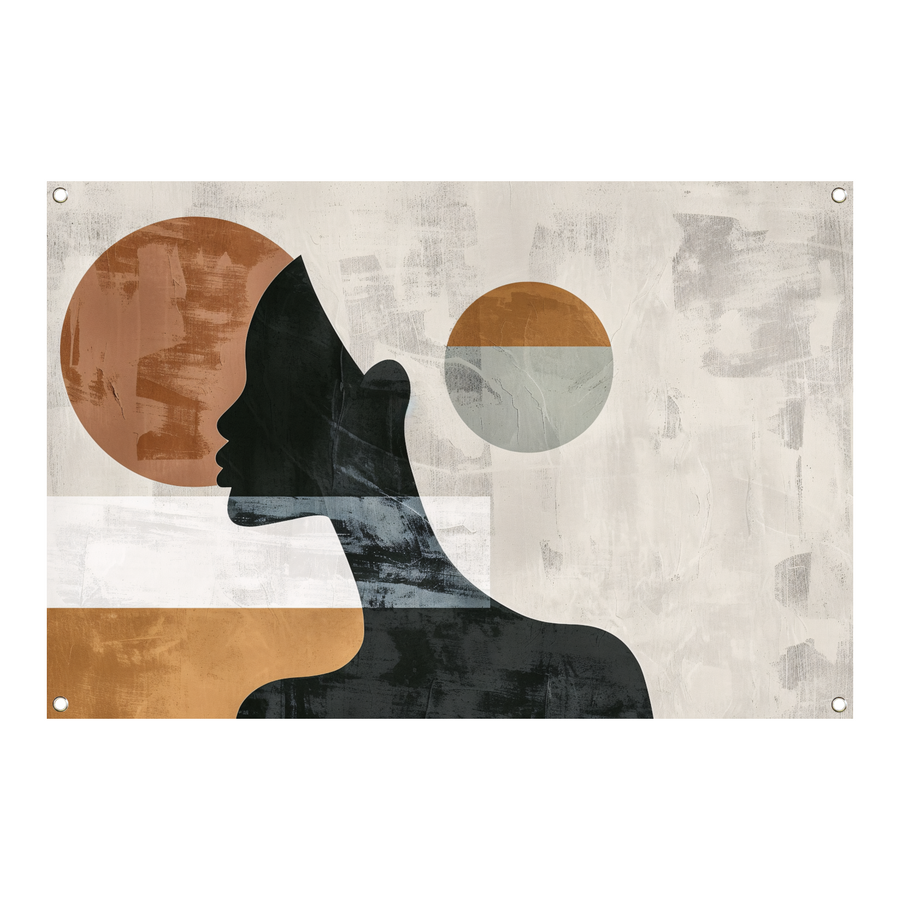 Silhouet van vrouw met minimalistische cirkels tuinposter