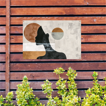 Silhouet van vrouw met minimalistische cirkels tuinposter