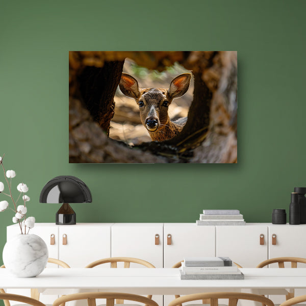Jonge hert kijkt nieuwsgierig uit boom poster