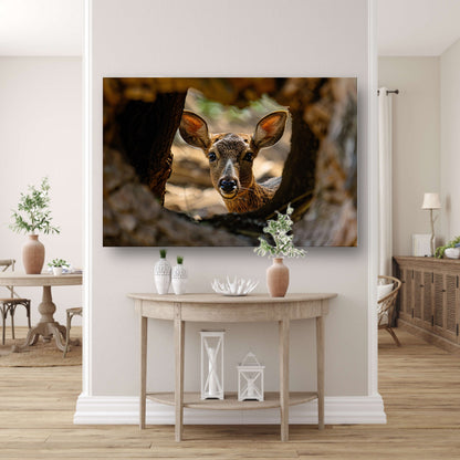Jonge hert kijkt nieuwsgierig uit boom poster