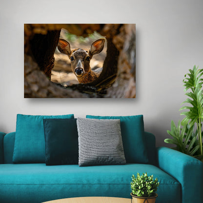 Jonge hert kijkt nieuwsgierig uit boom poster