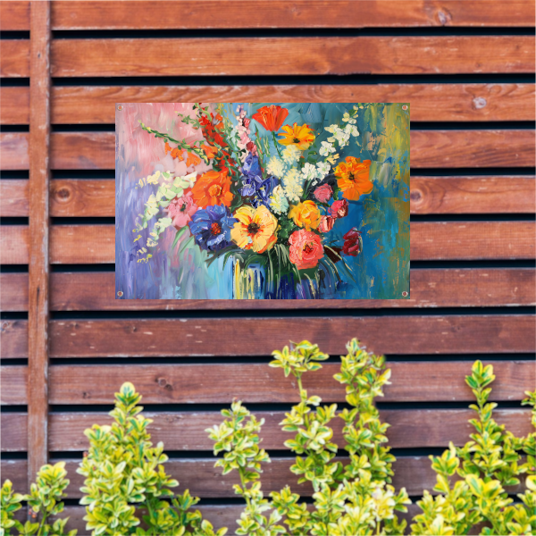 Impressionistisch schilderij van kleurrijke bloemen in vaas tuinposter