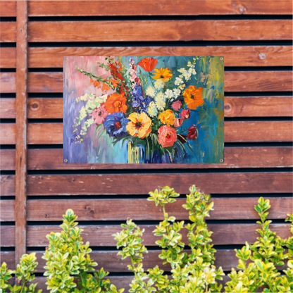 Impressionistisch schilderij van kleurrijke bloemen in vaas tuinposter