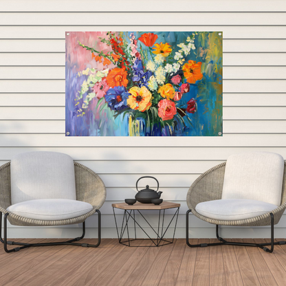 Impressionistisch schilderij van kleurrijke bloemen in vaas tuinposter