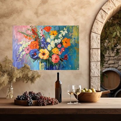 Impressionistisch schilderij van kleurrijke bloemen in vaas tuinposter
